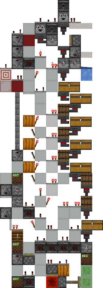 Shows a single slice of the bulk hall containing box sorter, the bulk storage and a smart-noteblock display.