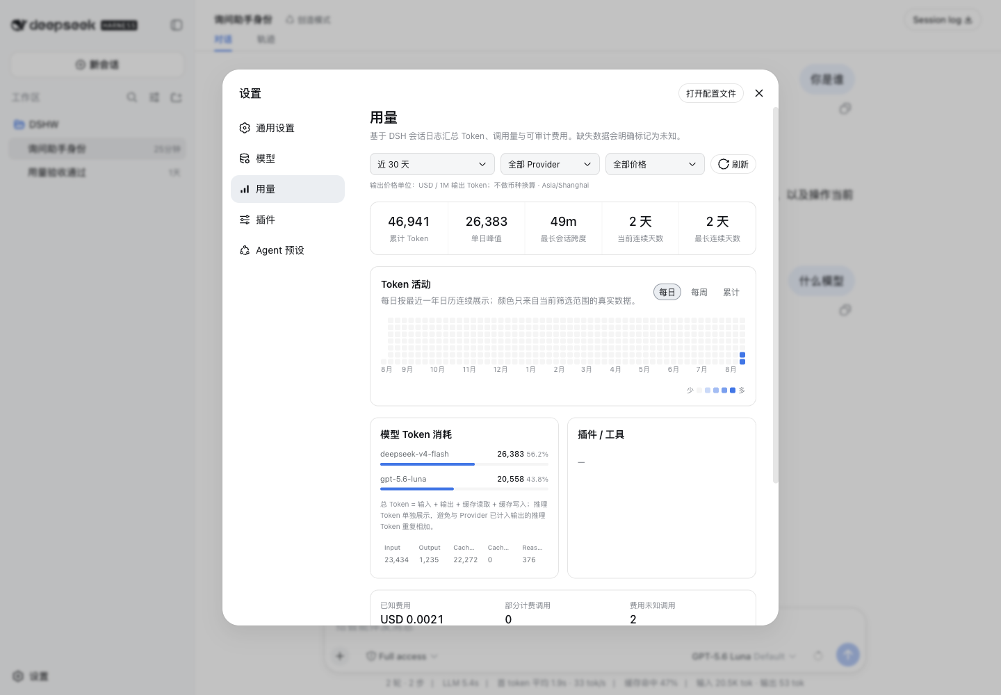 DeepSeek Harness Usage settings with token activity, model usage, and cost analytics