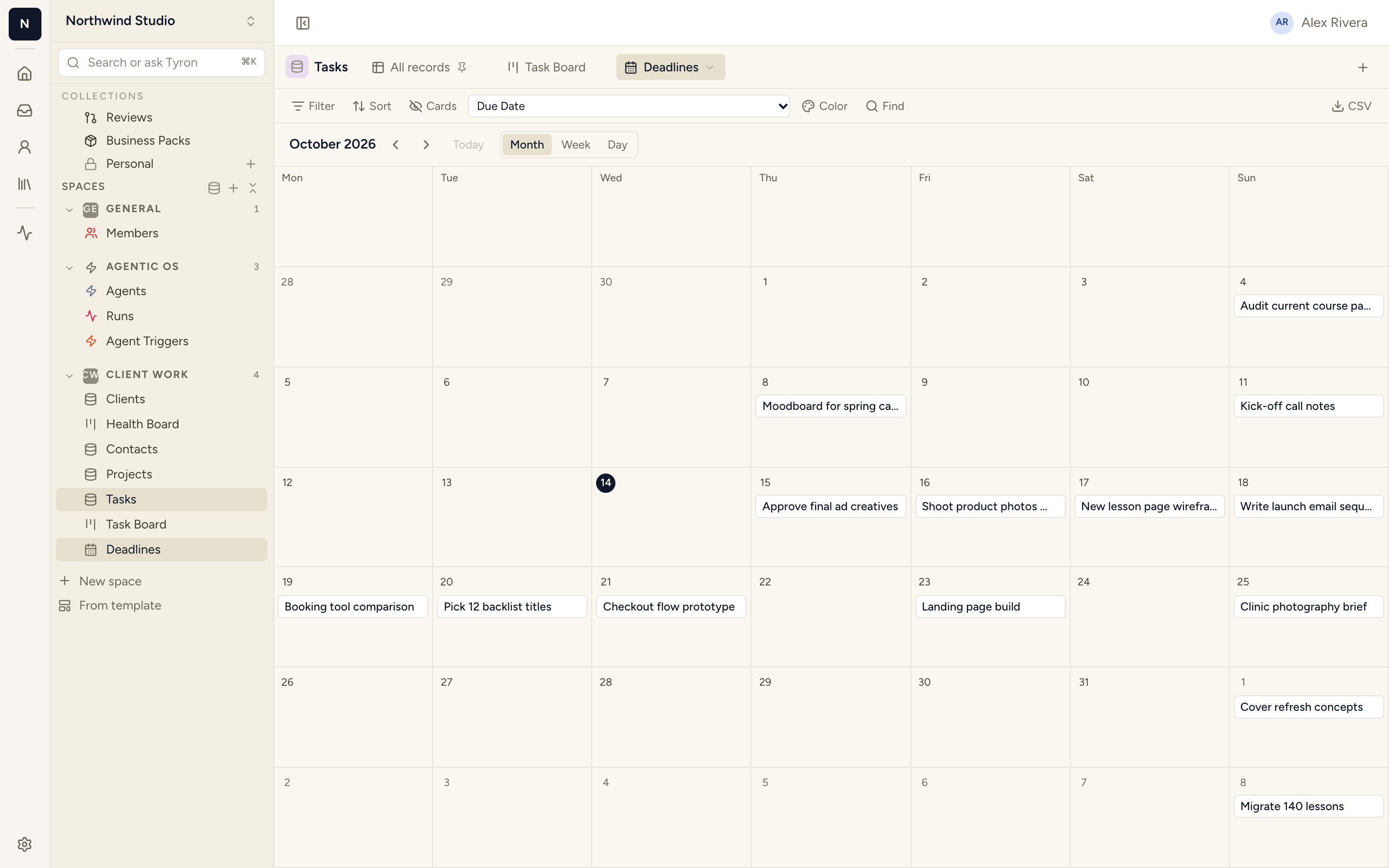 A calendar view of the same tasks, by due date