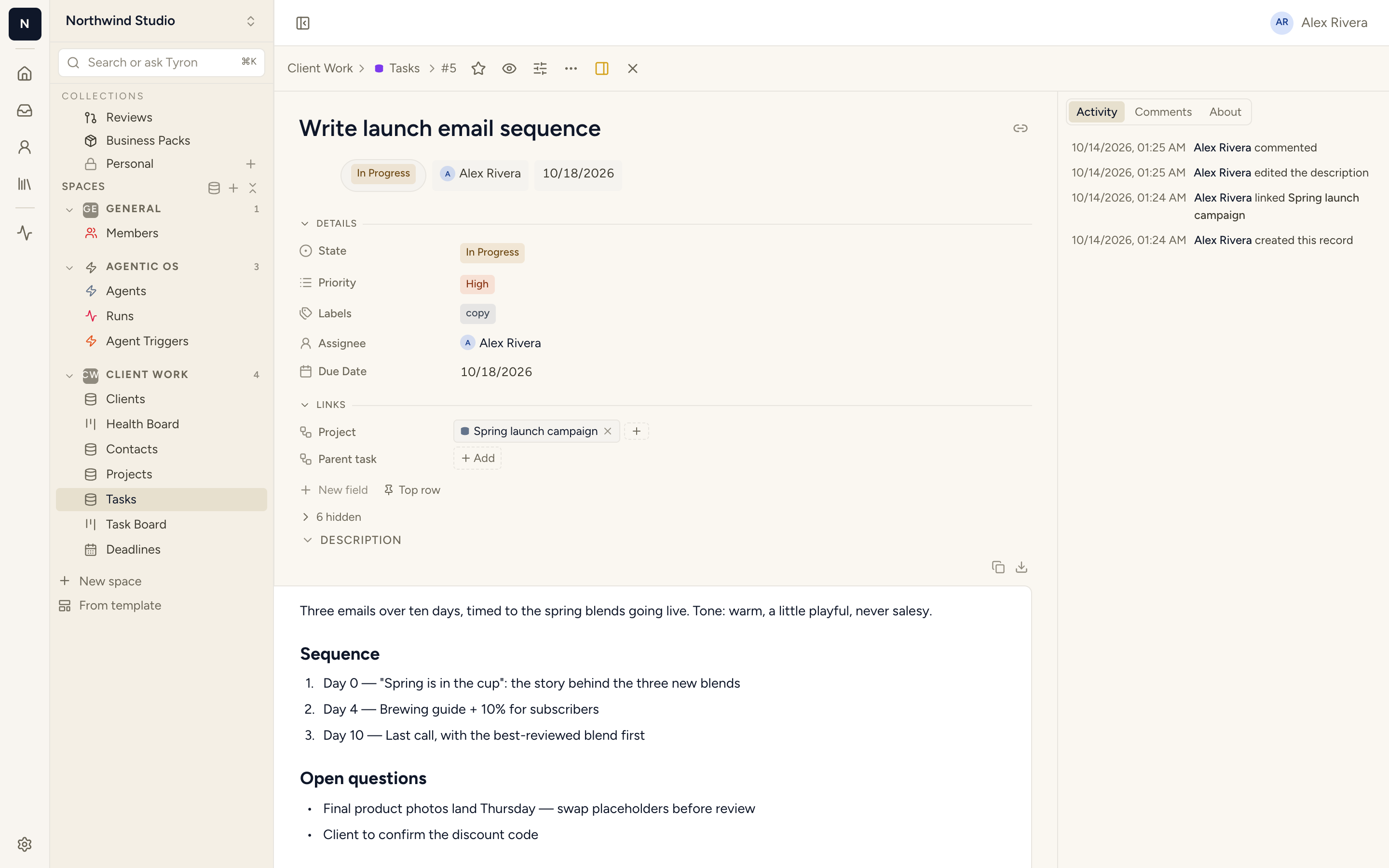 Every record is a page: fields, links, a rich-text body and its activity