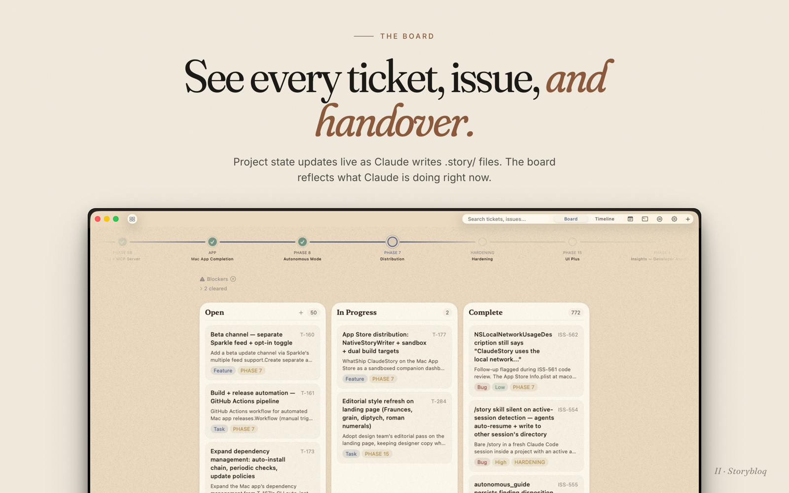 Ticket board showing phases, tickets, and in-progress work