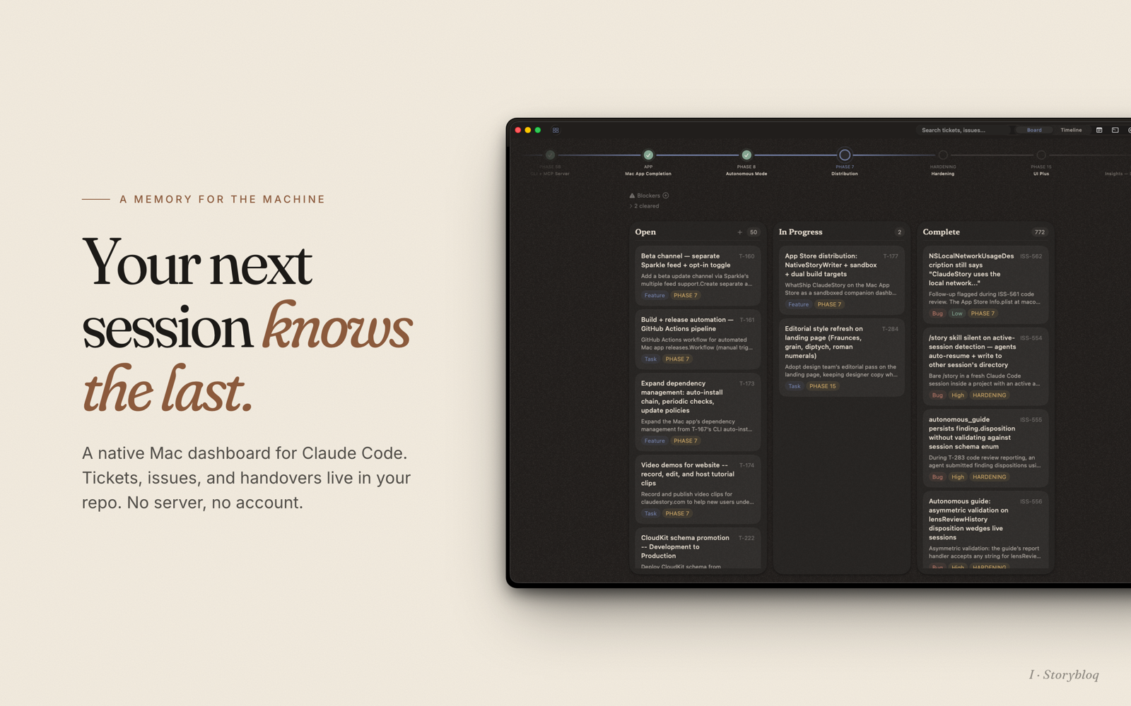 Storybloq Mac app showing a live project sidebar alongside a Claude Code terminal