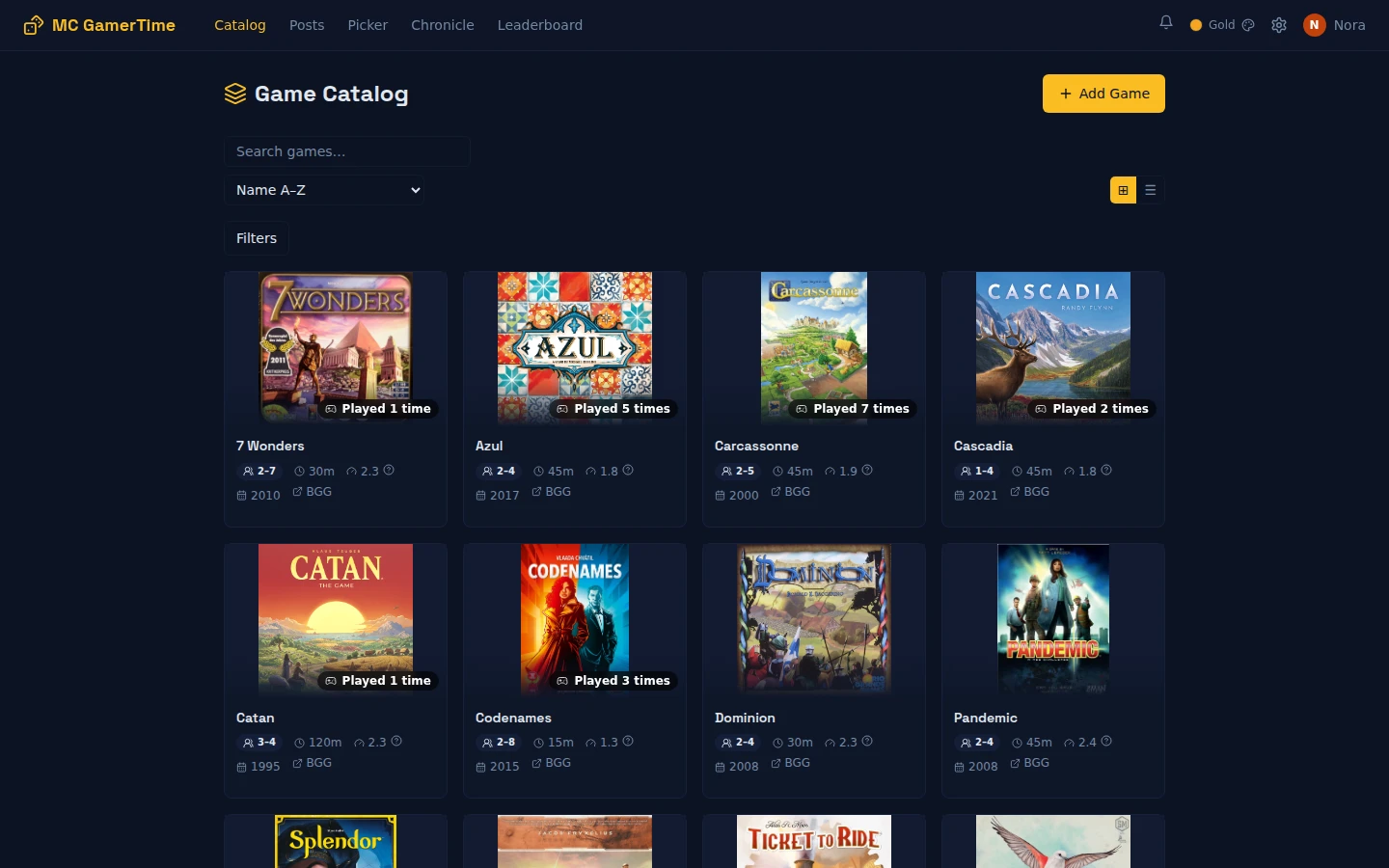 Game catalog: Board Game Geek metadata, play counts and cover art