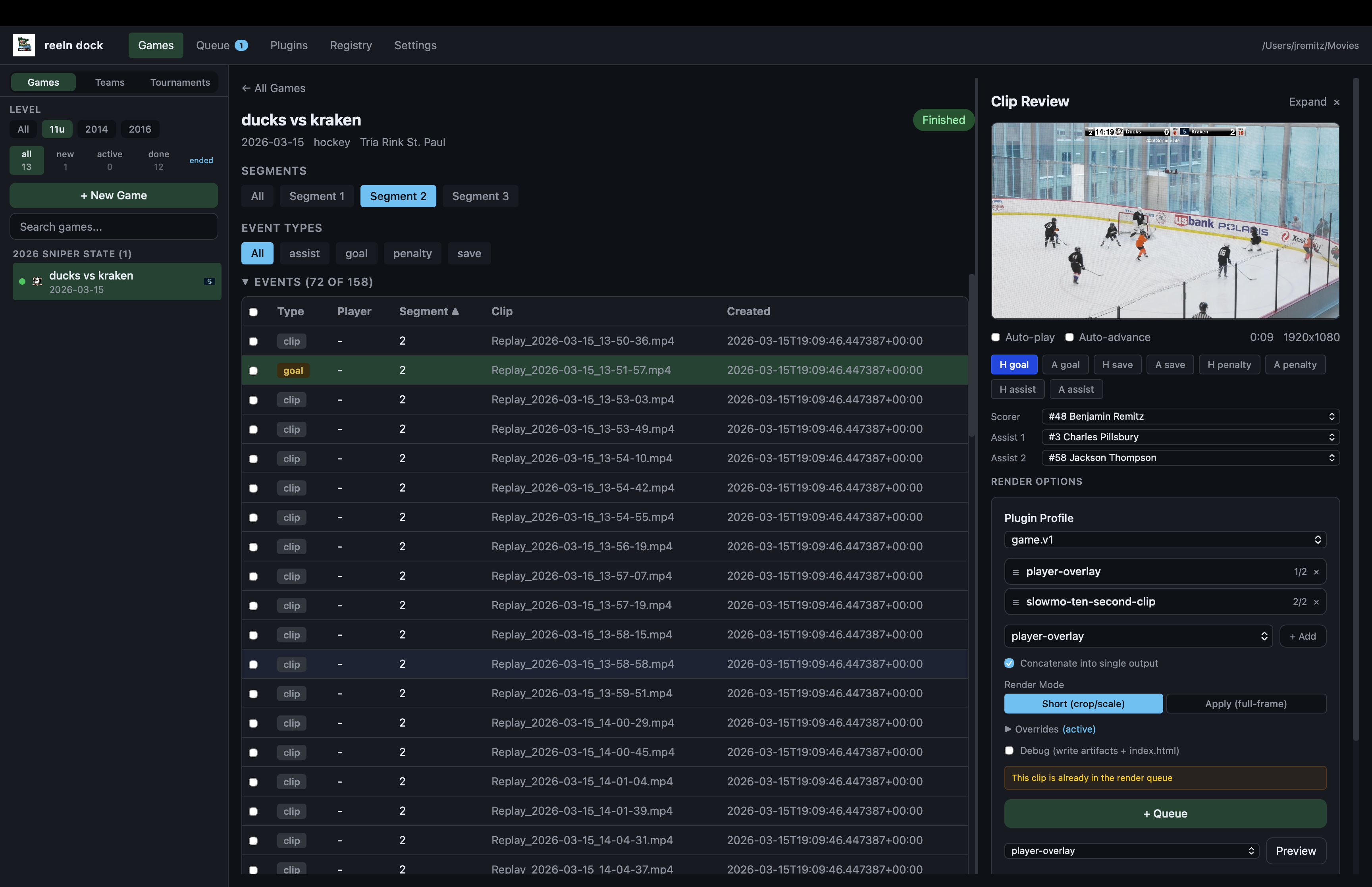 Clip review with event tagging and render options