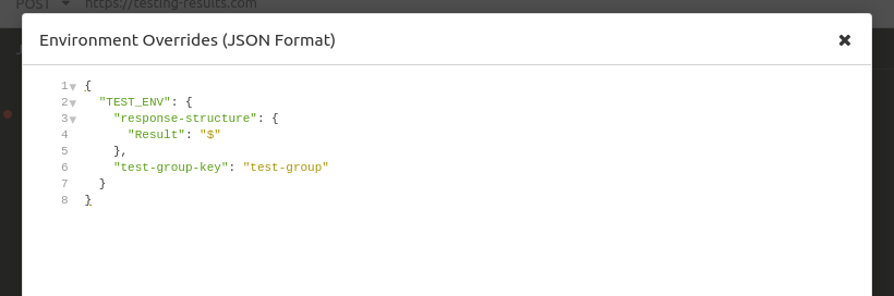 Screenshot of the insomnia manage environment window with the TEST_ENV JSON defined. The test-group-key has a value of test-group and the response-structure has the key of result and the value of $ as the JSON path