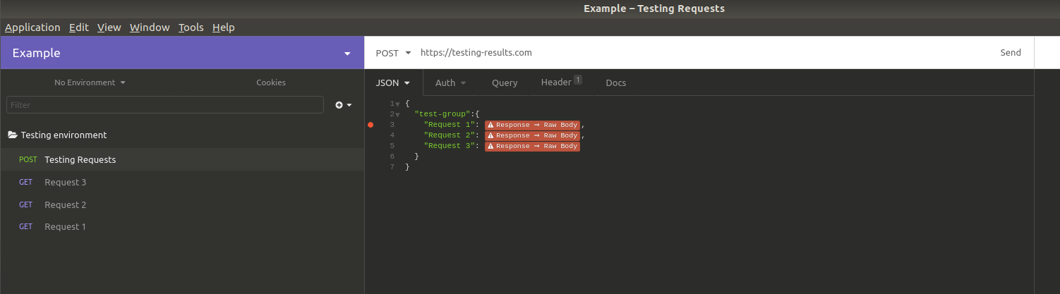 Screenshot of insomnia with a root JSON key set to test-group. The JSON value of that key has the keys: Request 1, Request 2, and Request 3; and the corresponding response hooks as values