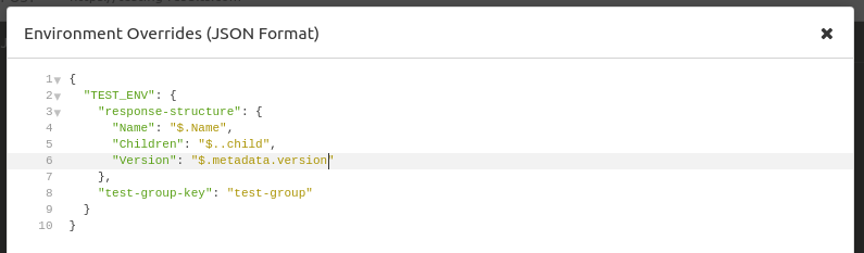 Screenshot showing the edited TEST_ENV. The keys now reflect the naming of the JSON paths defined