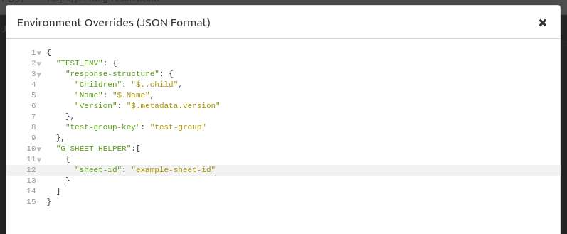 Screenshot of the Insomnia environment variables. Under the G_SHEET_HELPER there is an array of one with an example ID