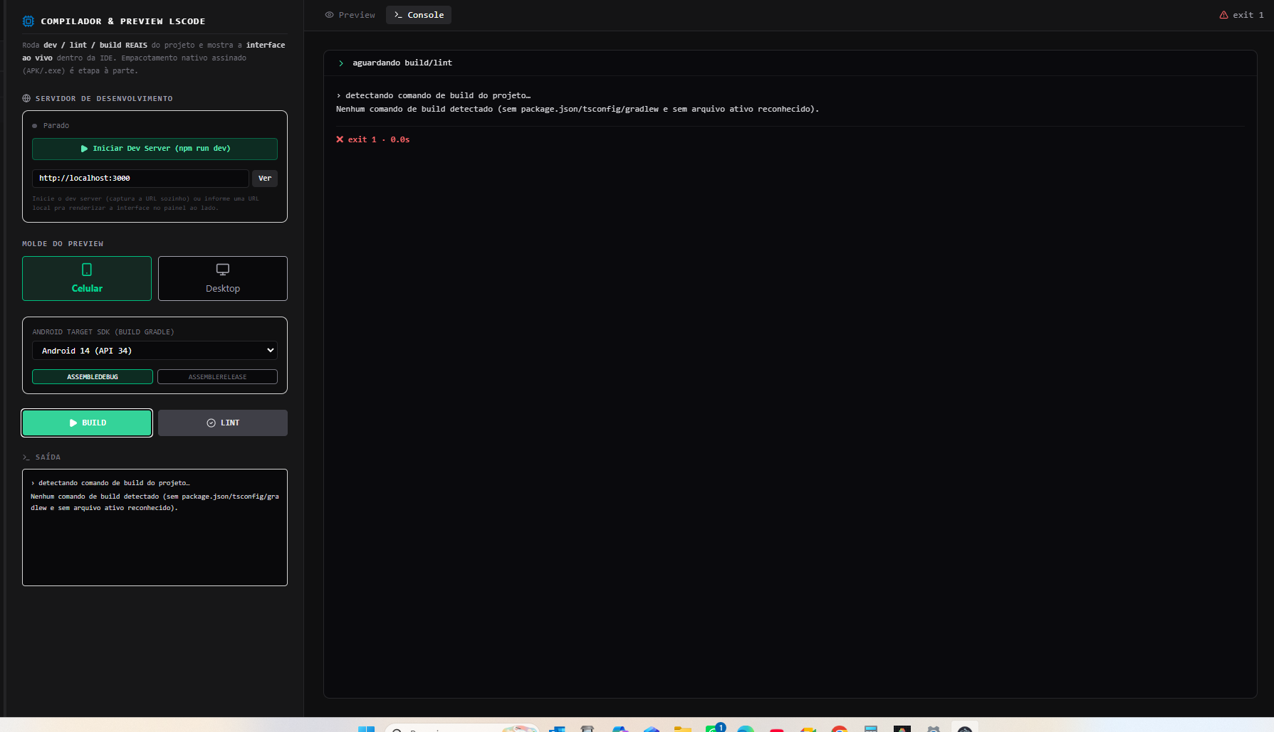 Saída de build transmitida ao vivo no terminal integrado