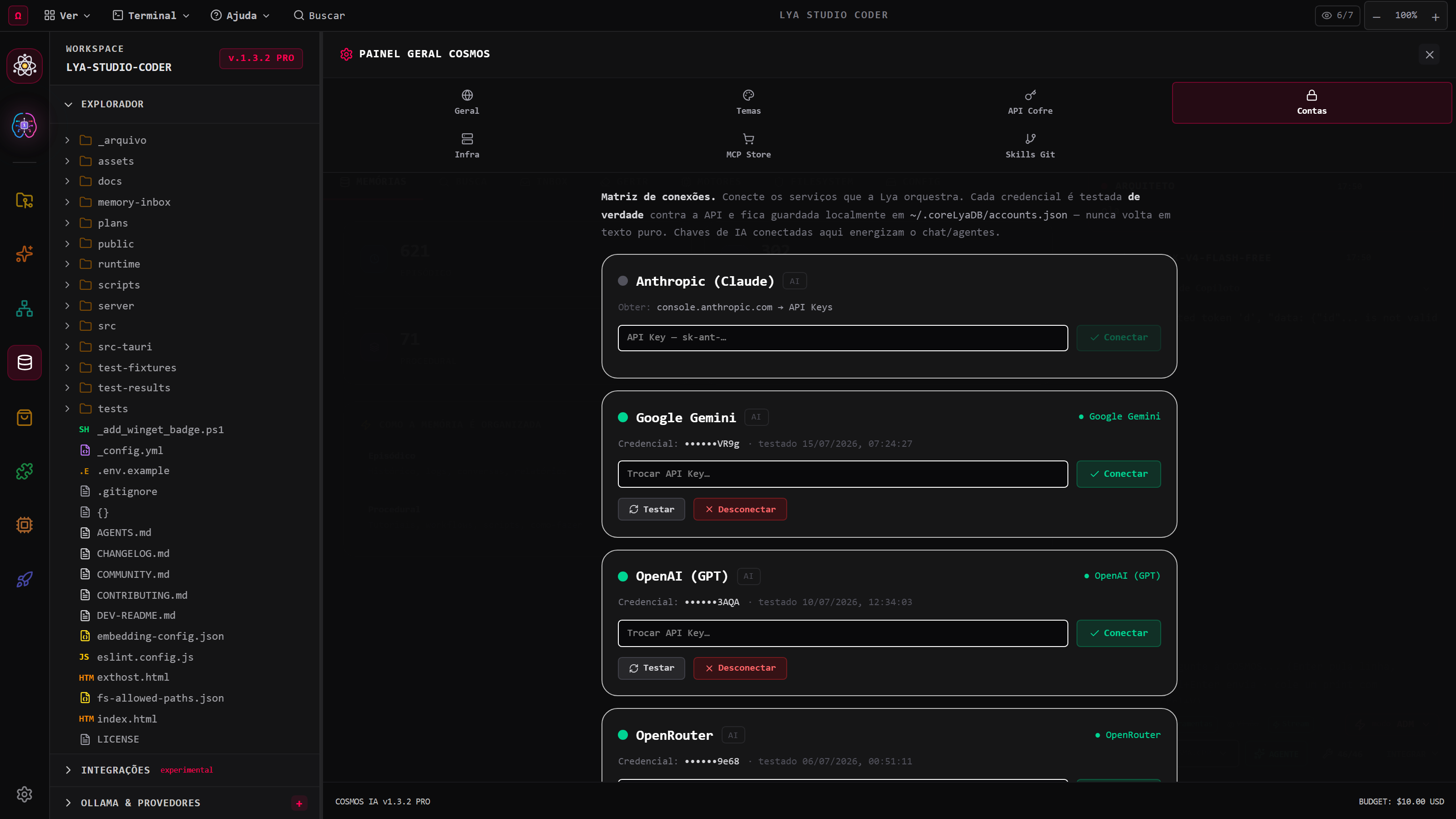 Tela de configuração de provedores