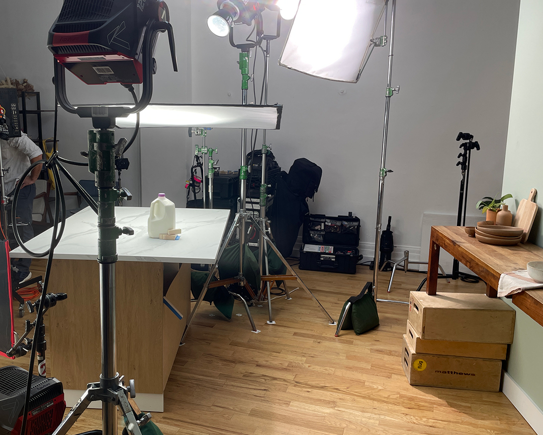 Behind the scenes production still — vessel placement on set