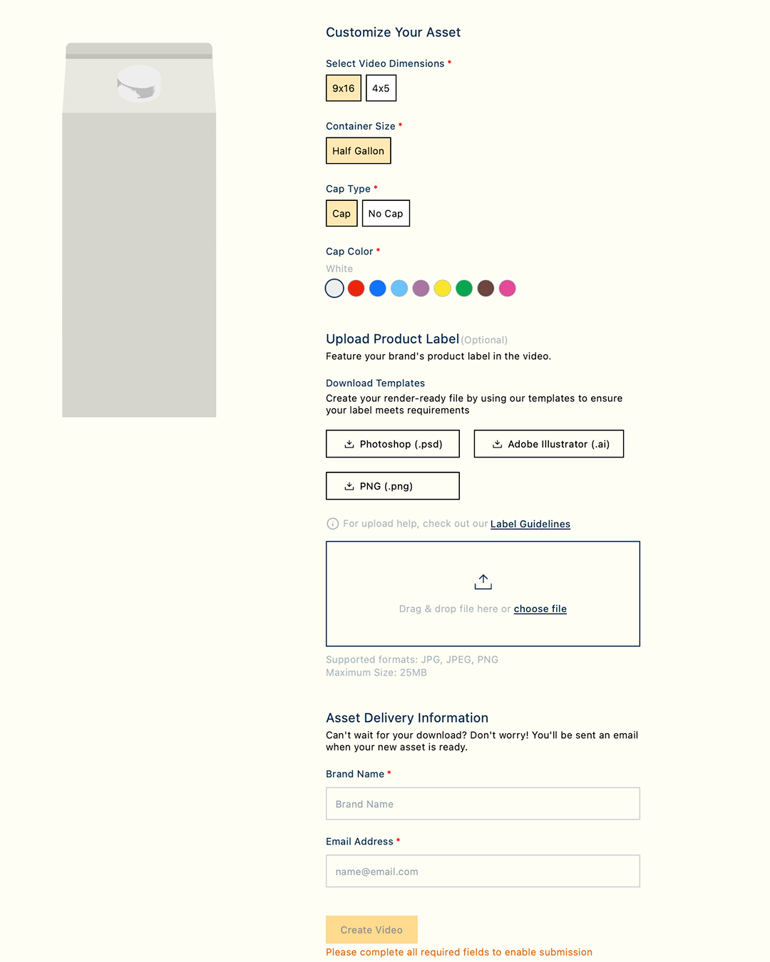 Customisation form — selecting carton type, milk variety, cap colour and uploading brand label