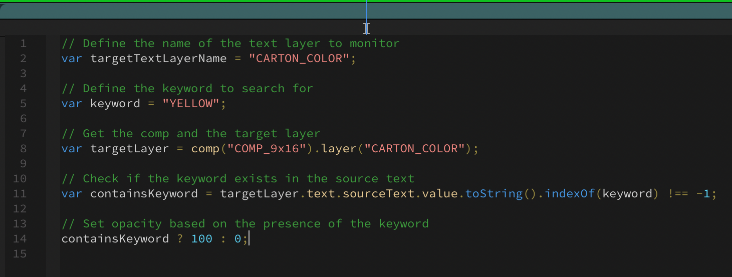 After Effects timeline showing expression layers controlling precomp opacity