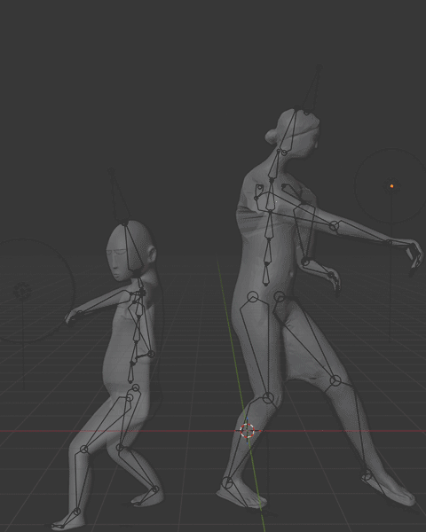 Blender viewport showing rigged figures animated via Mixamo