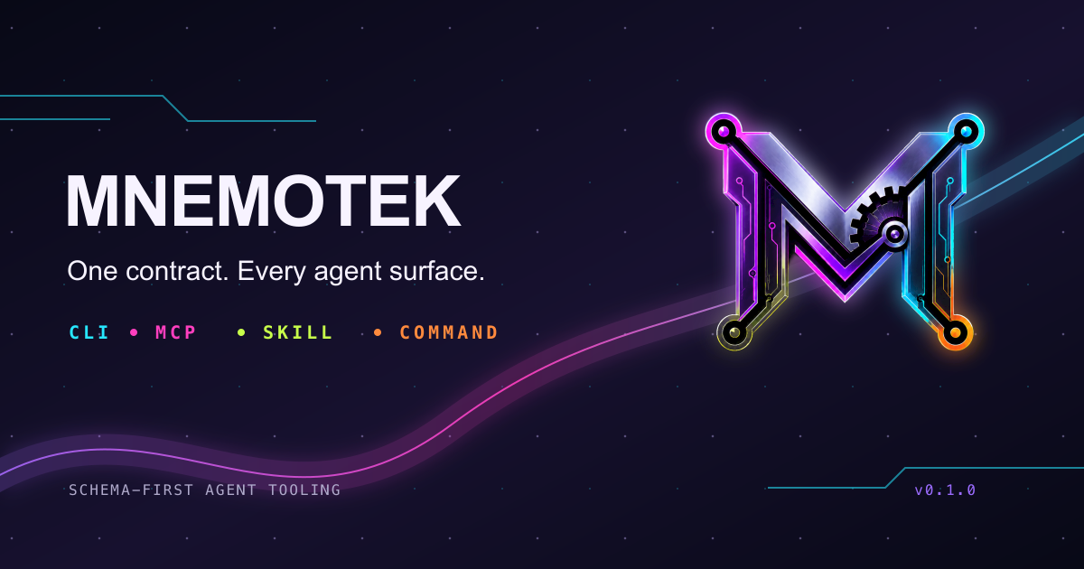 Mnemotek: a schema-first TypeScript foundation that turns one literal JSON Schema command contract into a validated CLI, MCP tool, agent skill manifest, and slash command.