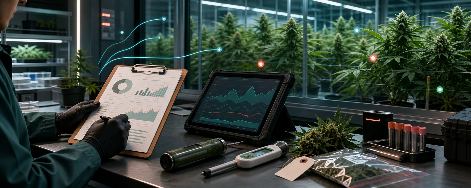A cultivation operations desk with review charts, environmental instruments, tagged samples, and a controlled crop room beyond.