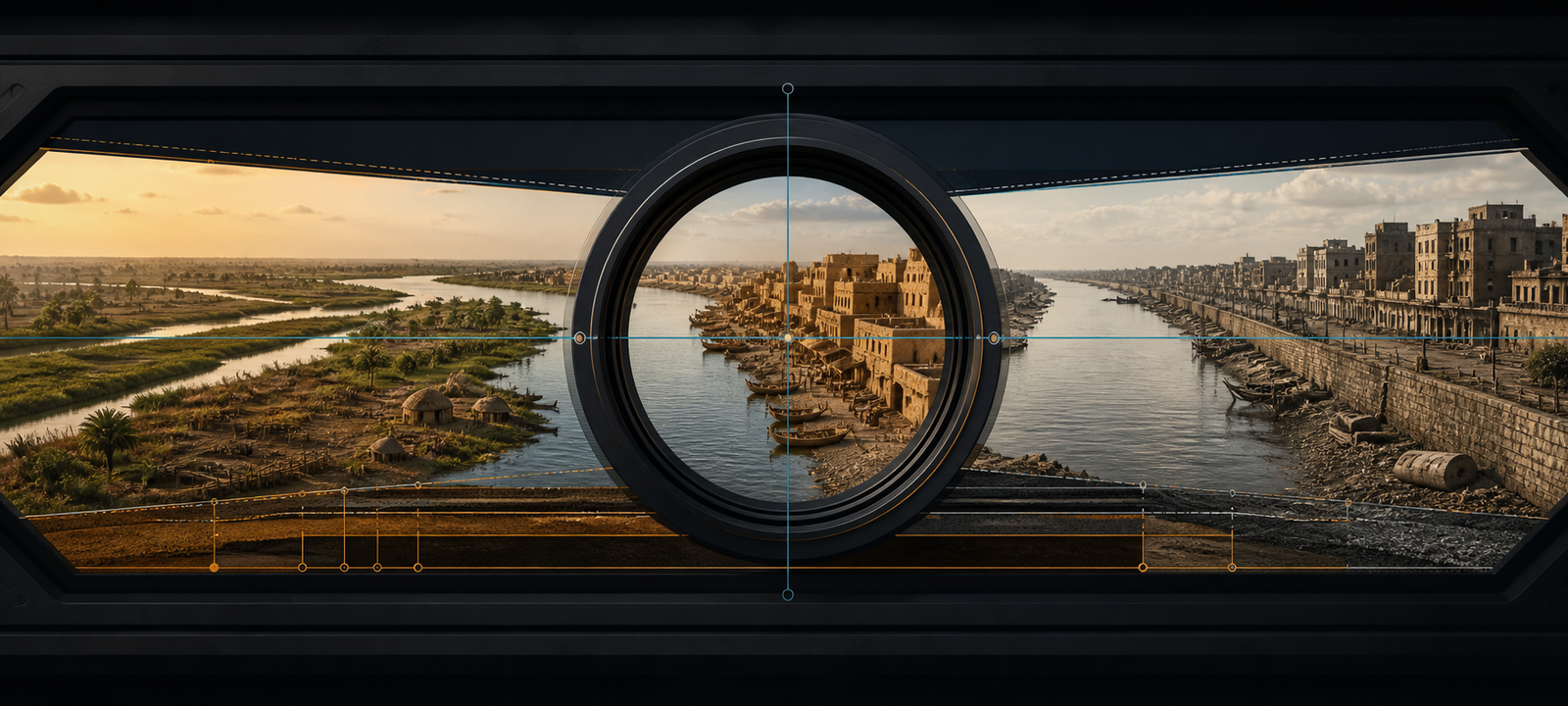 One stable camera optic holds the same riverfront coordinate while wetland, inhabited mudbrick city, and later engineered shoreline change through time.