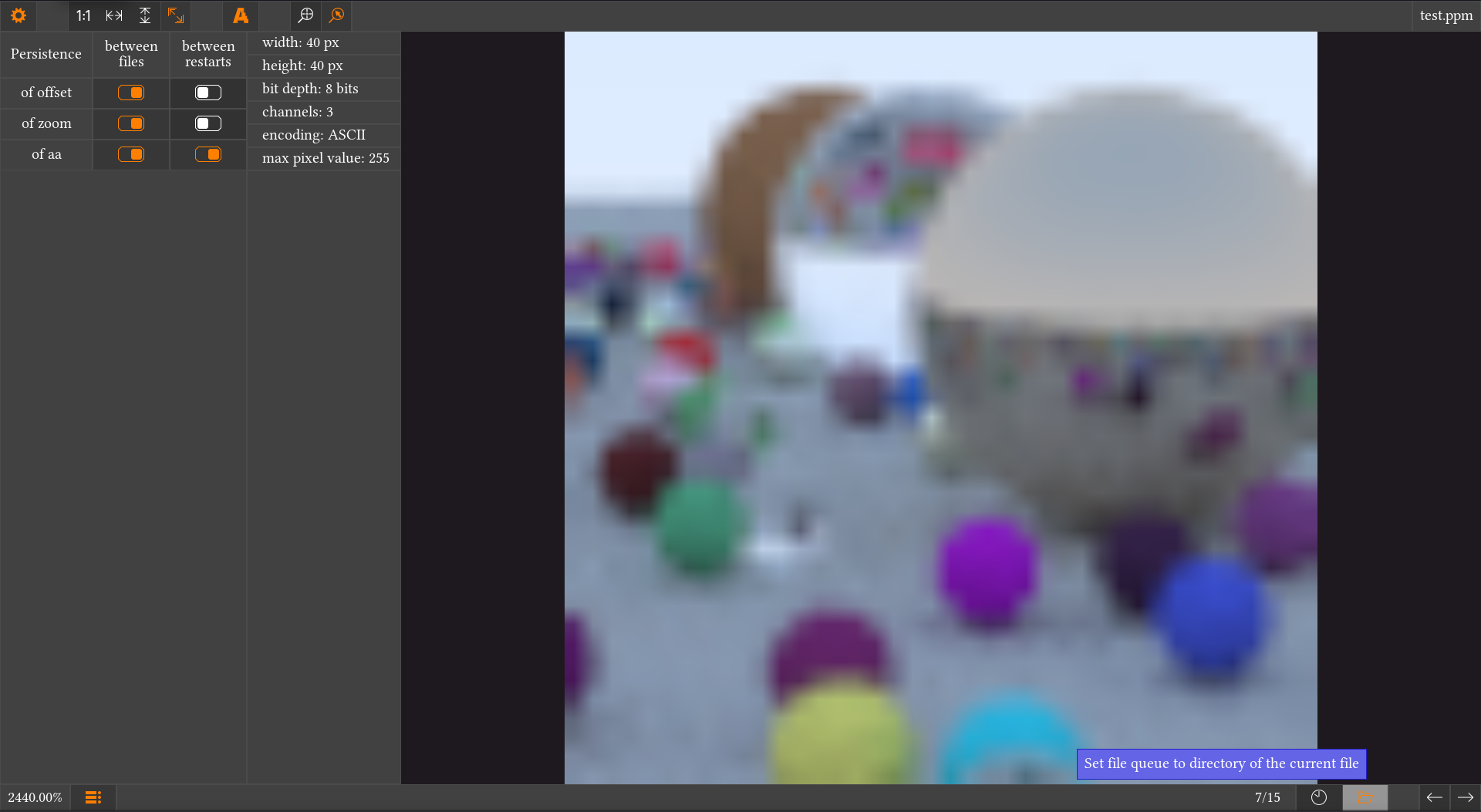 Screenshot of the image viewer, showing the settings menu and metadata bar, together with a tooltip. Screenshot of the image viewer, showing the settings menu and metadata bar, together with a tooltip.