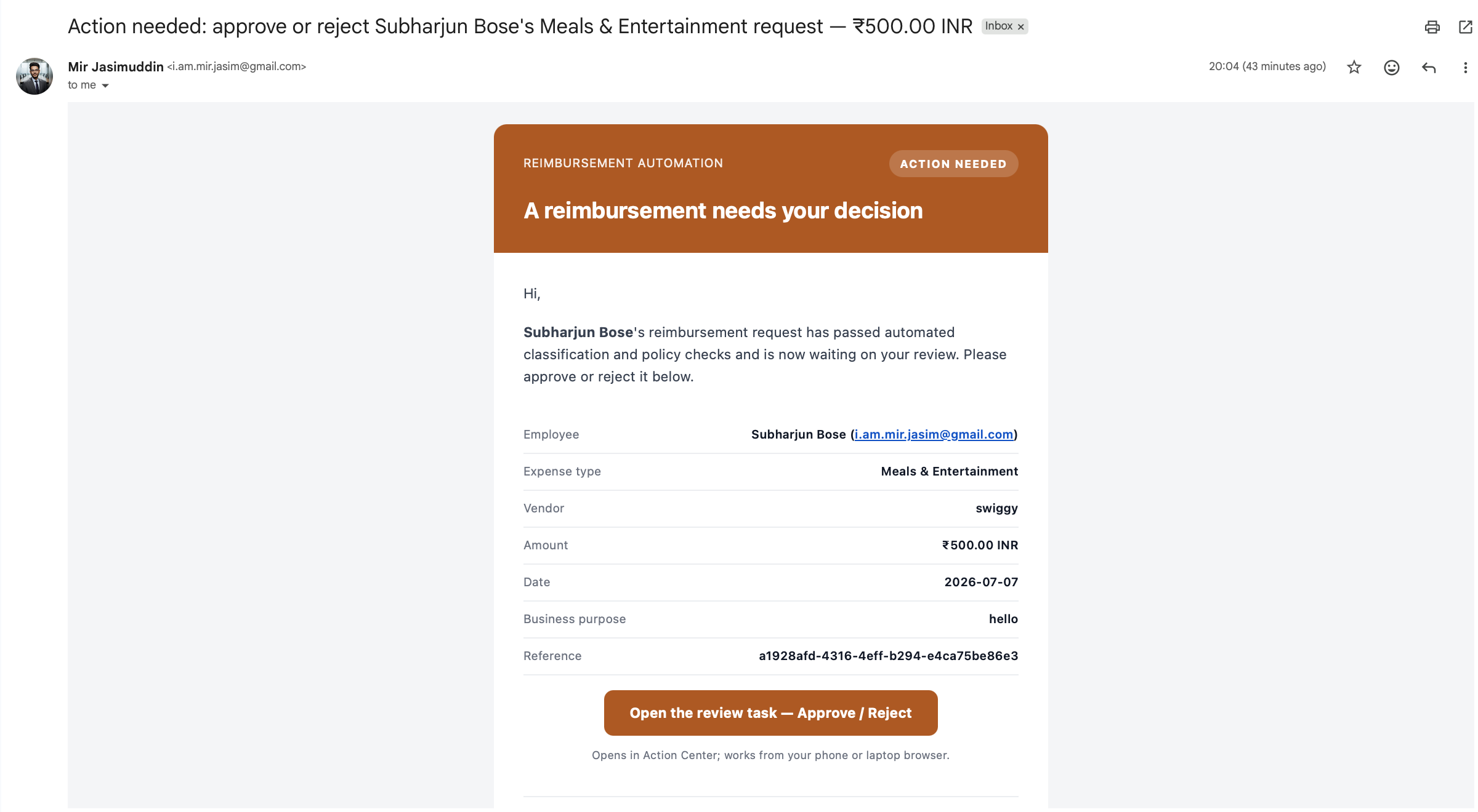 HITL approval email