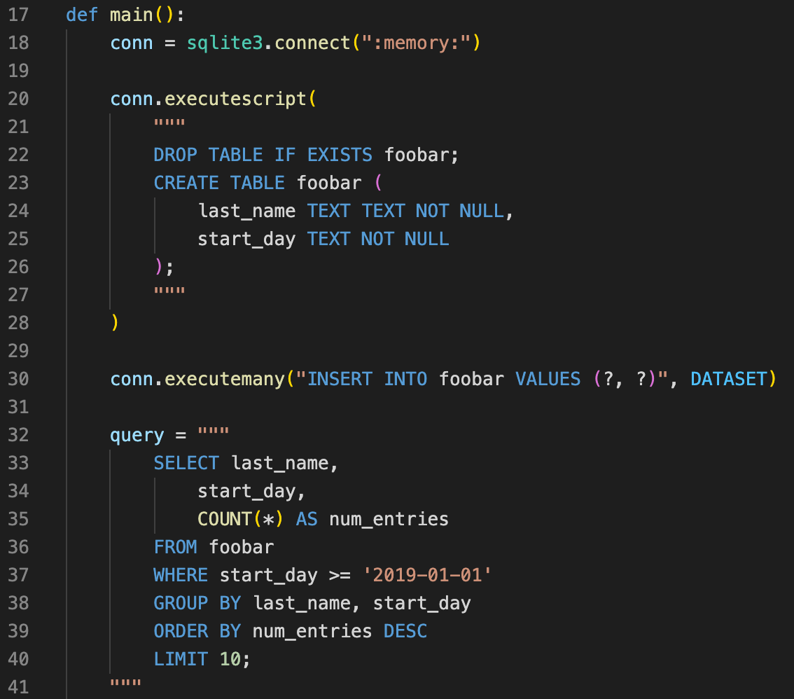 Image showing syntax highlighting working for SQL embedded inside a Python string