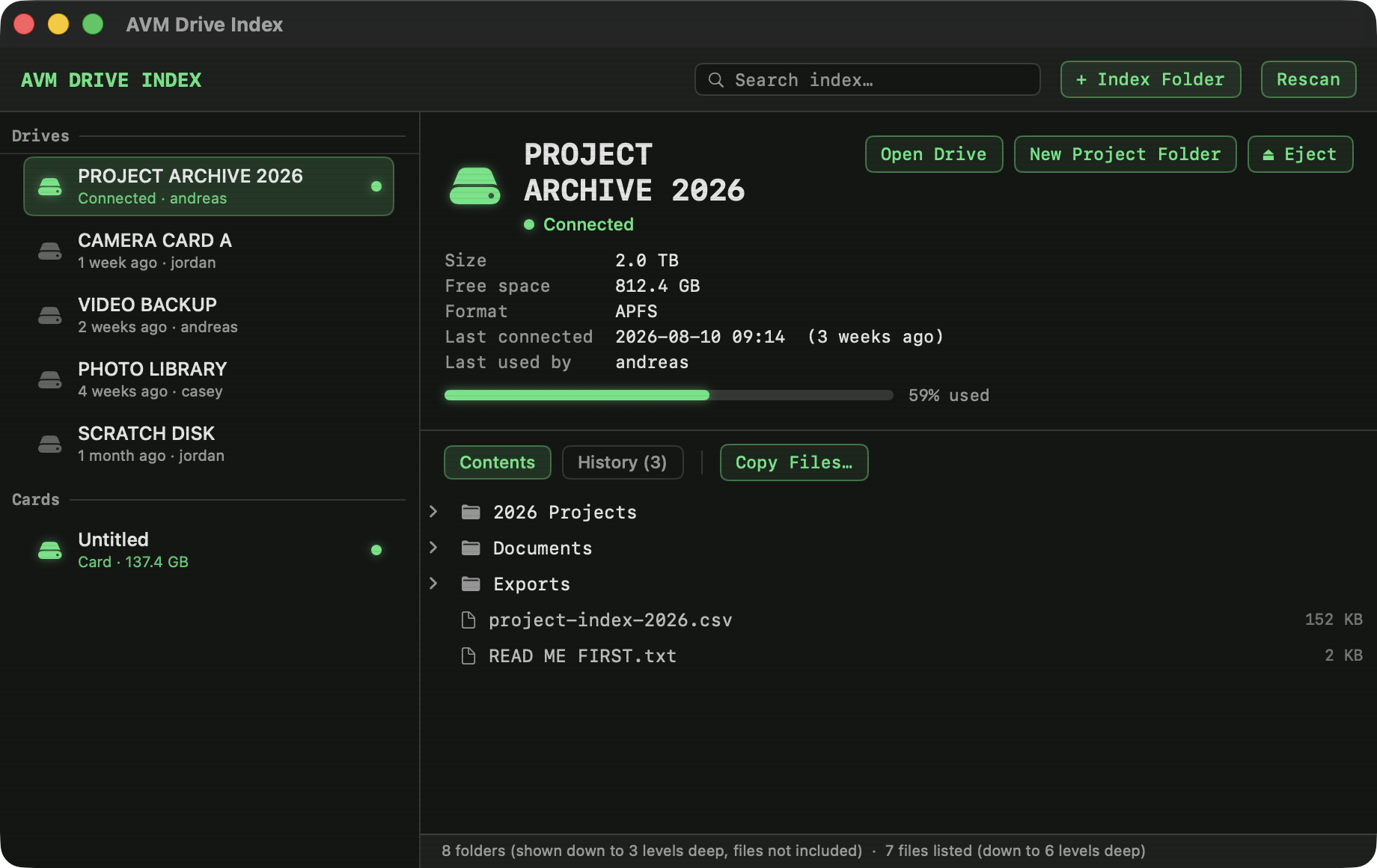 AVM Drive Index showing a catalogued drive, its folders, and files