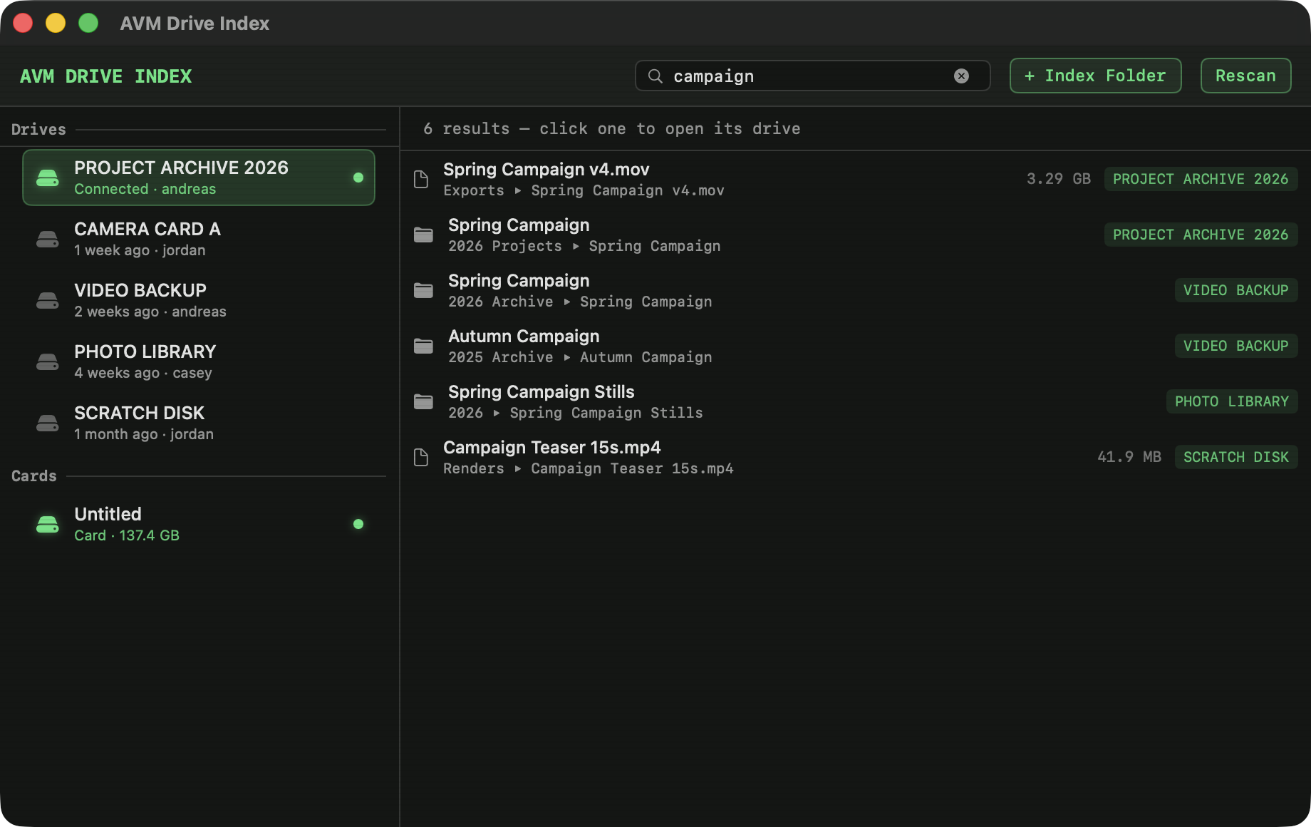 AVM Drive Index search results across multiple external drives