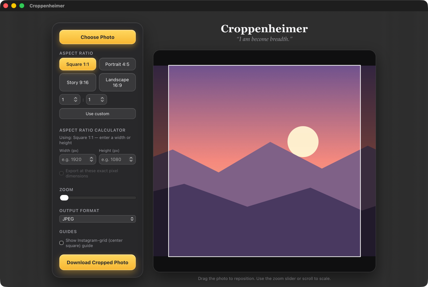 Croppenheimer photo cropper running as a native macOS app in dark mode