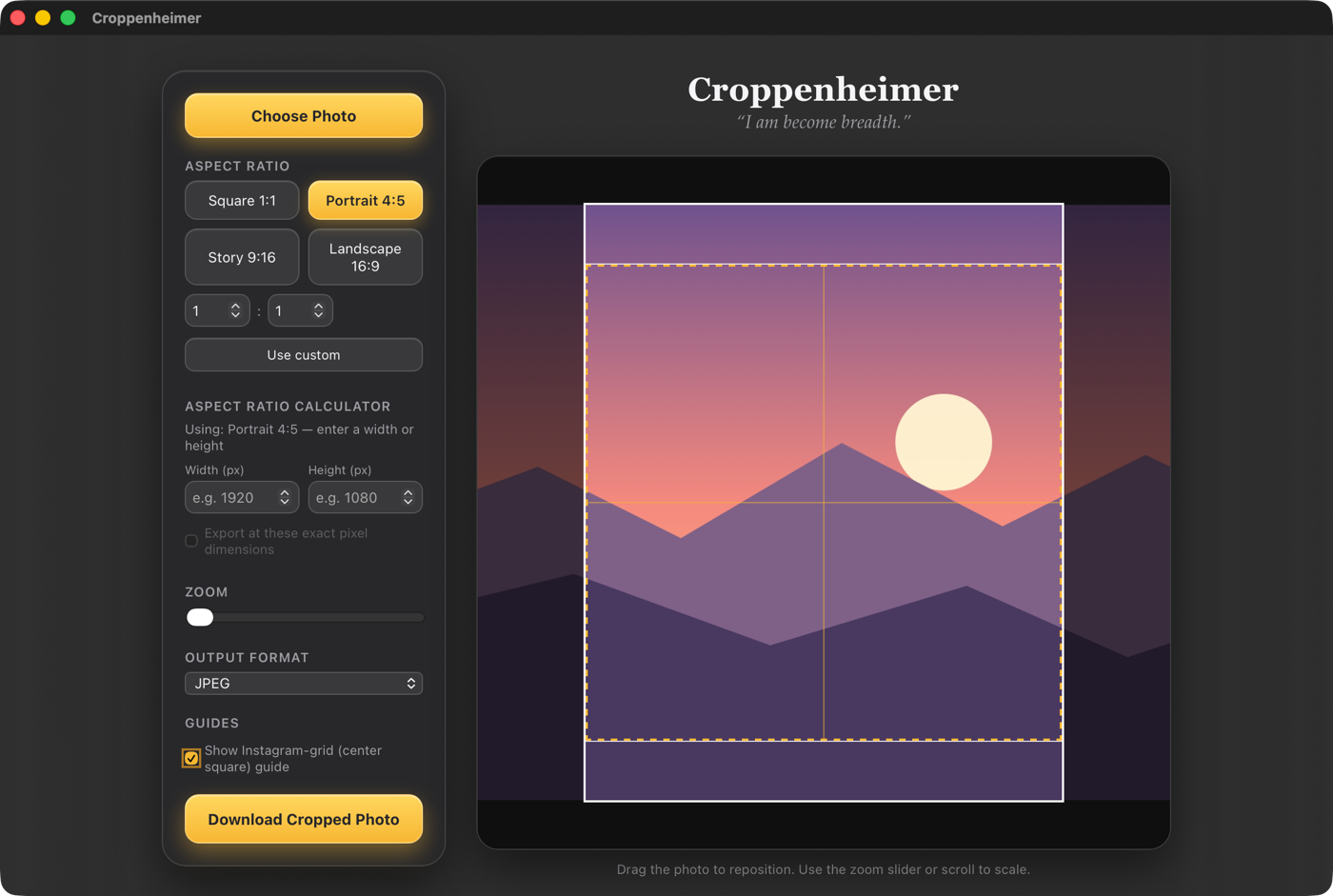 Croppenheimer showing a 4 by 5 crop with the Instagram grid guide