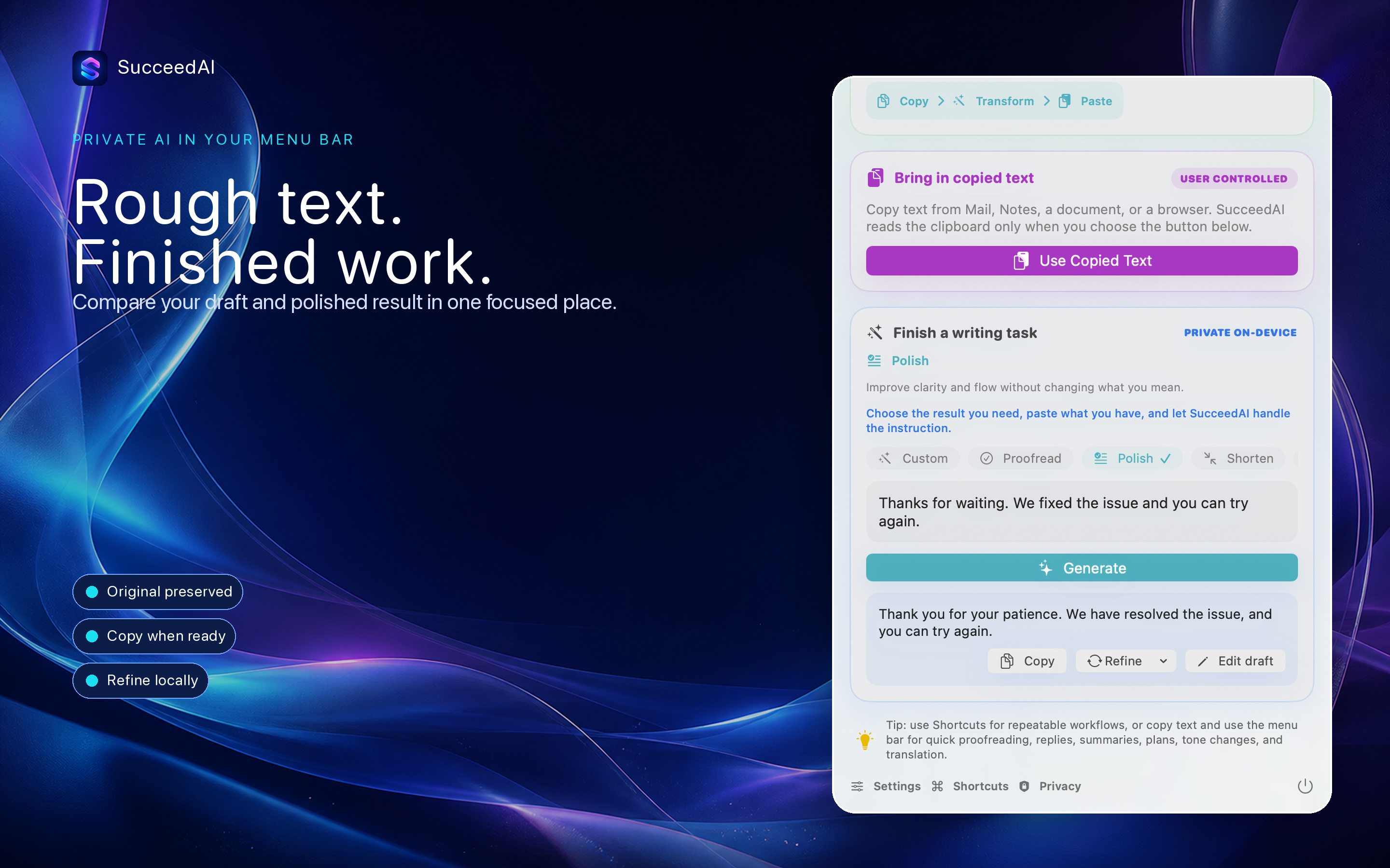 SucceedAI private local AI writing workspace for macOS