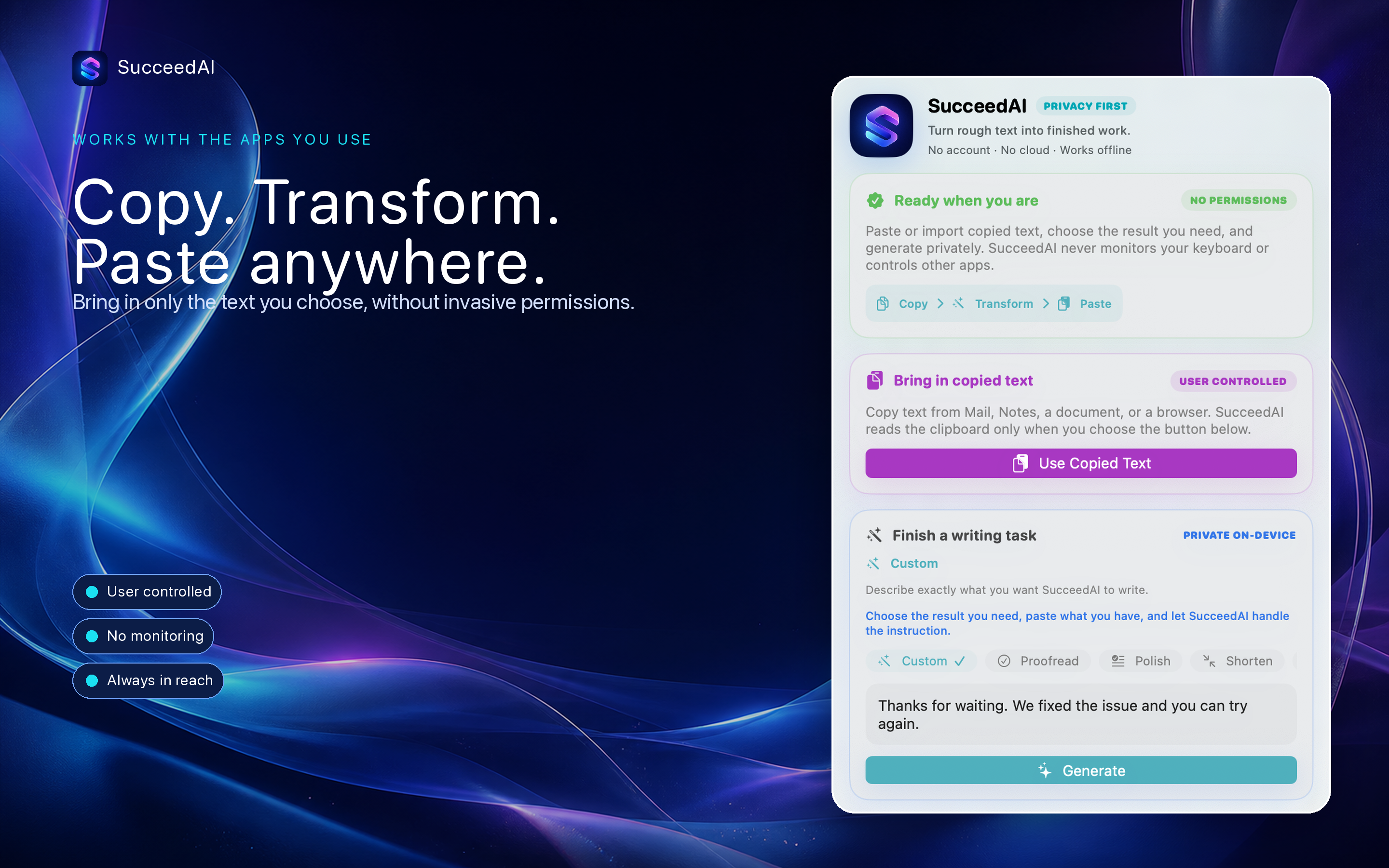 SucceedAI copy, transform, and paste workflow for macOS