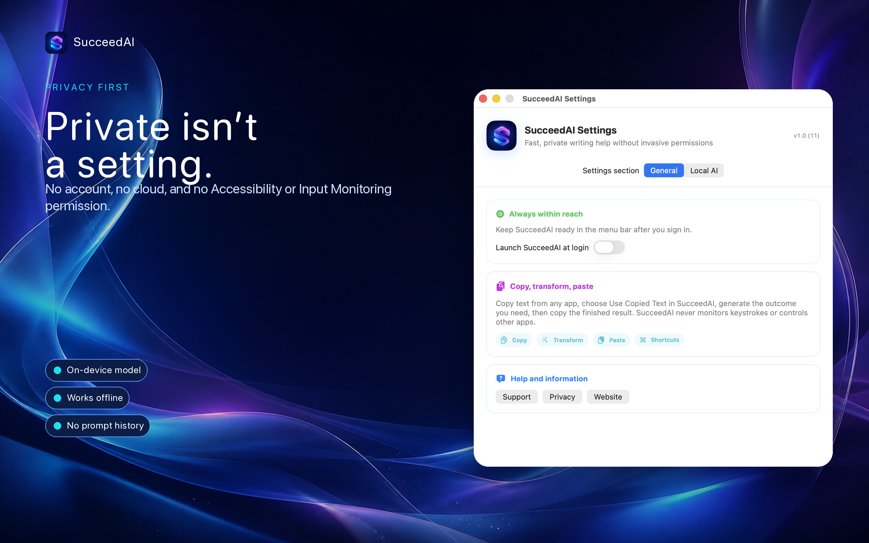 SucceedAI privacy-first local AI architecture with no prompt upload