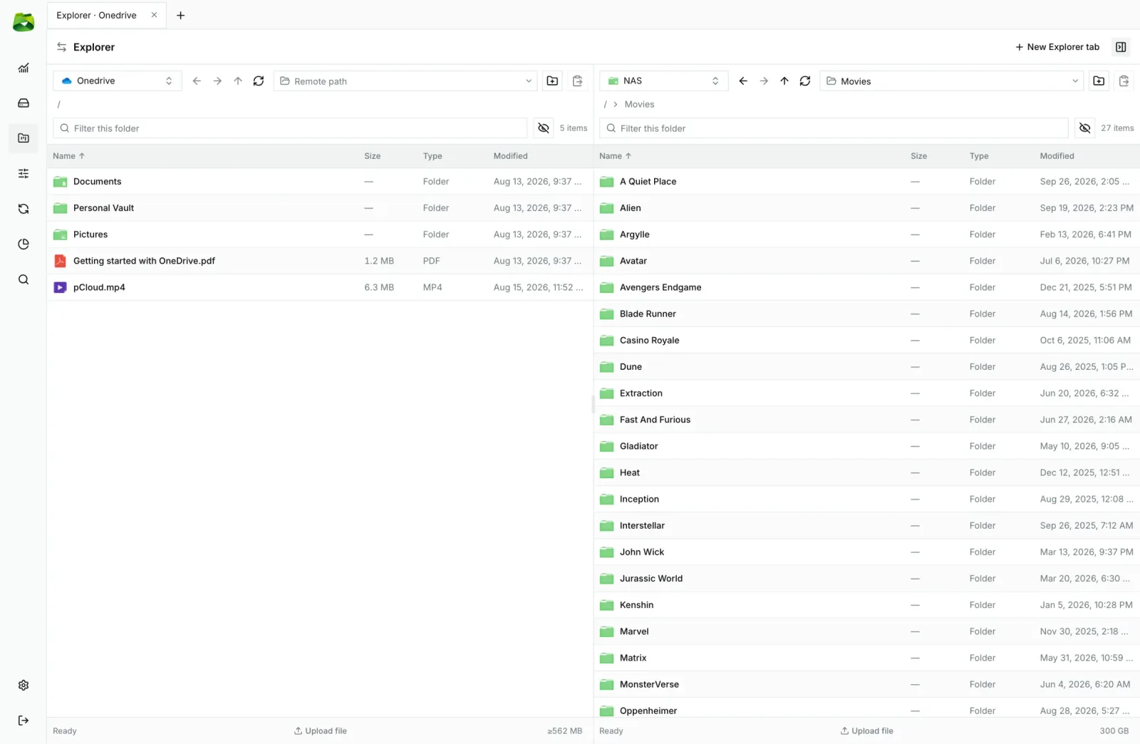 Ultra Explorer dual-pane explorer: OneDrive on the left, a NAS on the right