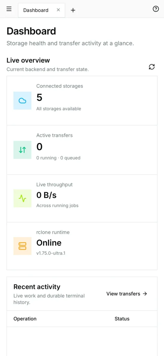 Ultra Explorer on a phone: dashboard
