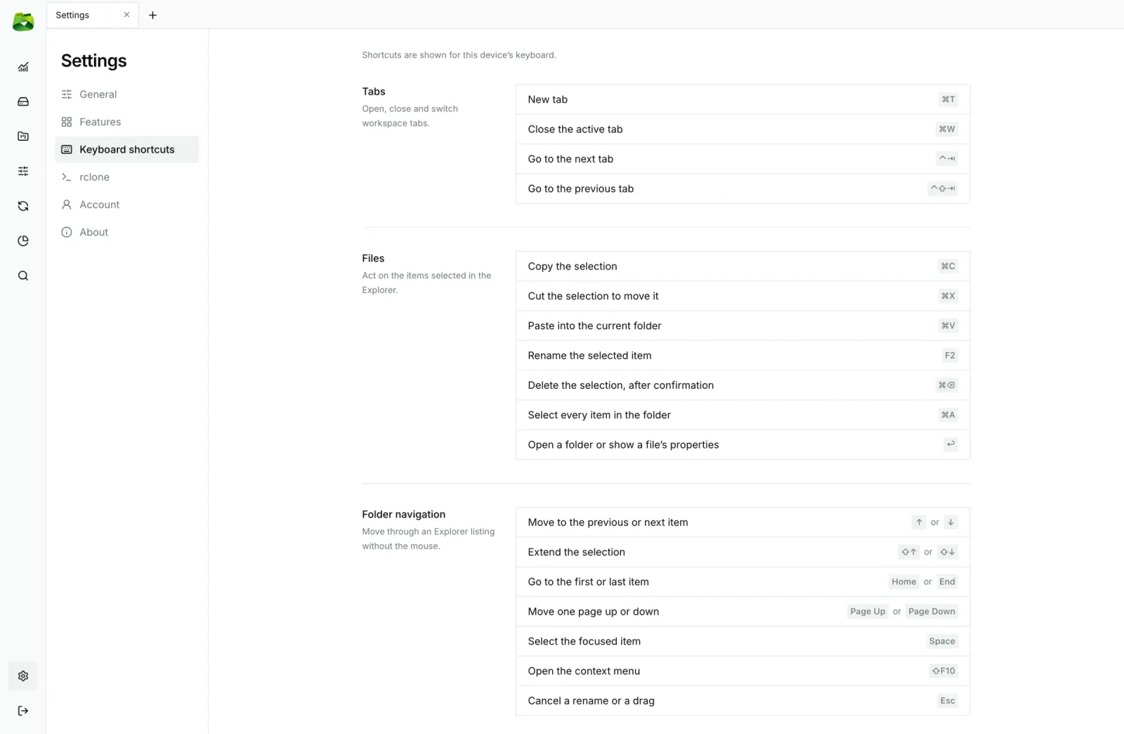 Keyboard shortcuts in Settings