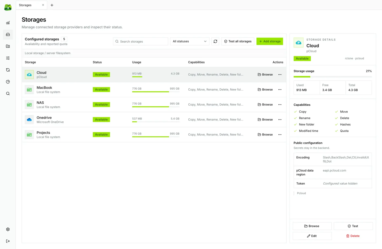 Storages page with clouds, NAS and local folders