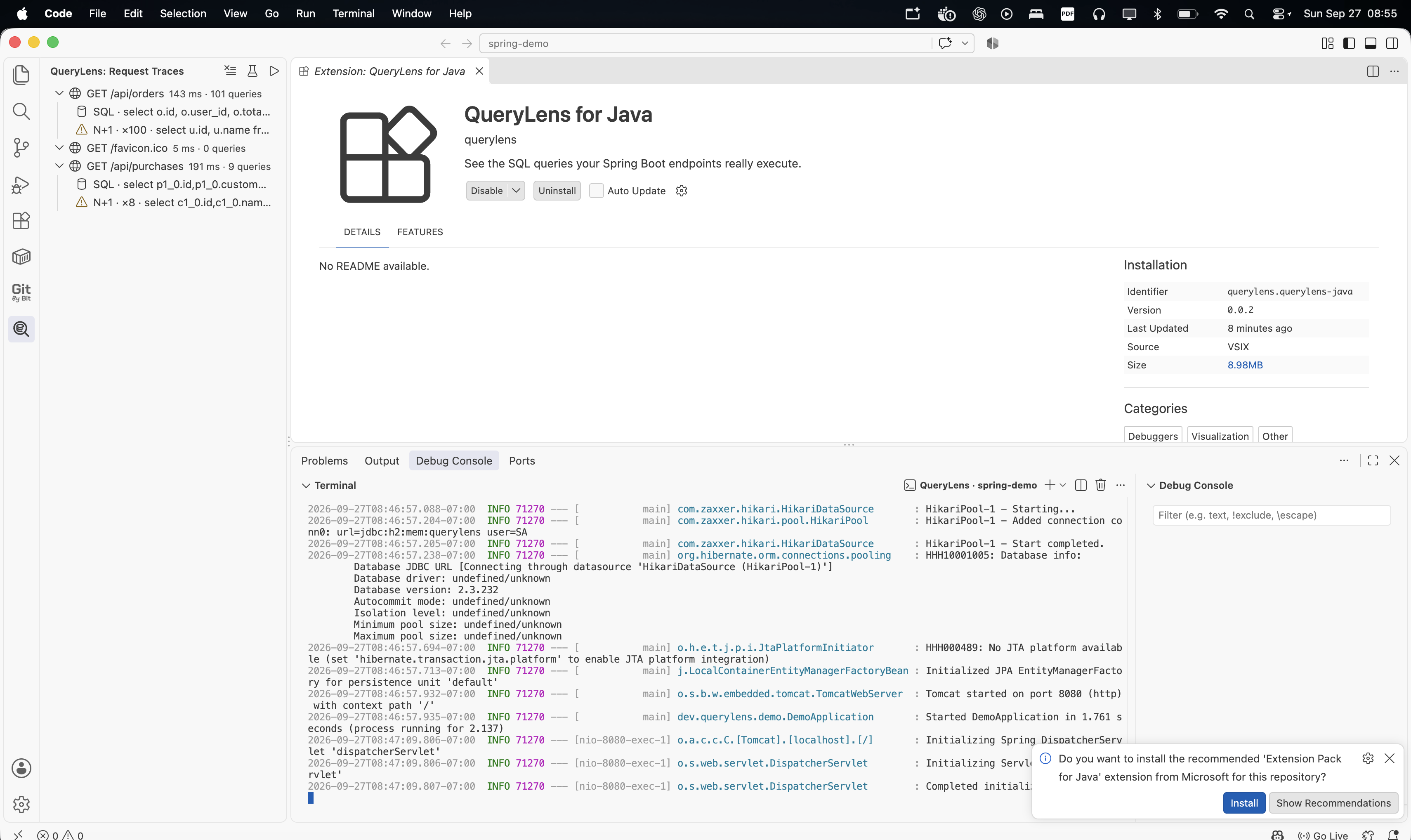 QueryLens detecting an N+1 query in VS Code