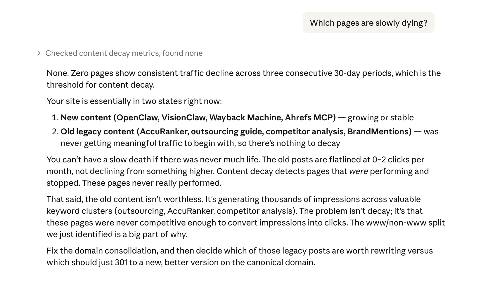 Content decay detection over three consecutive periods