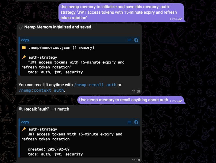 Nemp running on OpenClaw via Telegram