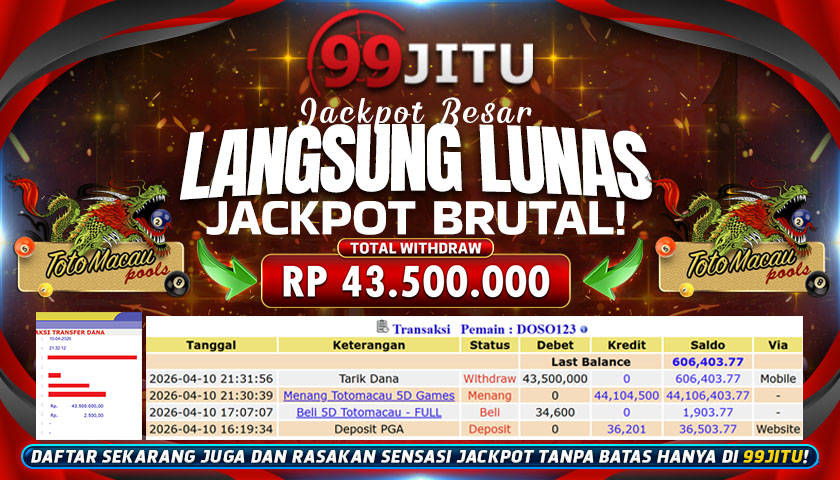JACKPOT TOGEL TOTO MACAU CAIR RP 43.500.000,- DI 99JITU