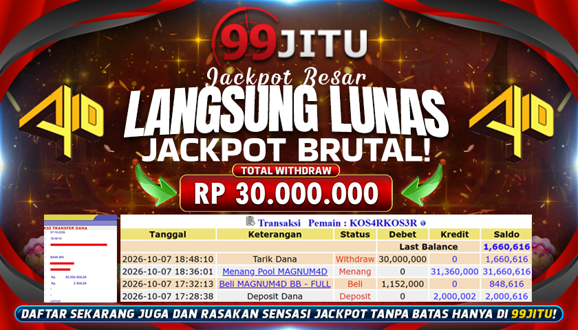 JACKPOT TOGEL MAGNUM4D CAIR RP 30.000.000,- DI 99JITU
