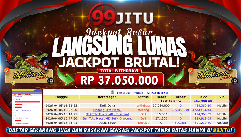 JACKPOT TOGEL TOTO MACAU CAIR RP 37.050.000,- DI 99JITU