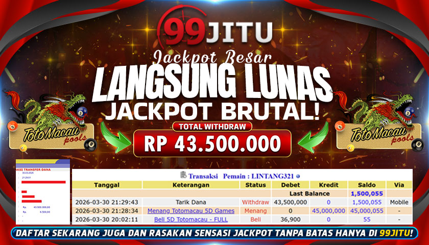 JACKPOT TOGEL TOTO MACAU CAIR RP 43.500.000,- DI 99JITU