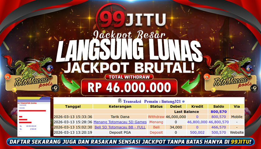 JACKPOT TOGEL TOTO MACAU CAIR RP 46.000.000,- DI 99JITU
