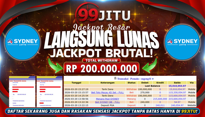 JACKPOT TOGEL SYDNEY CAIR RP 200.000.000,- DI 99JITU
