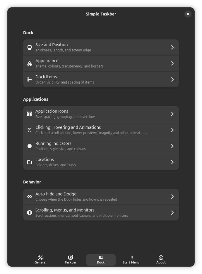 Dock settings categories for appearance, applications and behavior