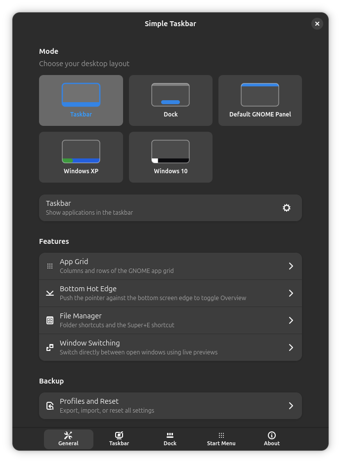 General settings with mode selection, shared features and backup options