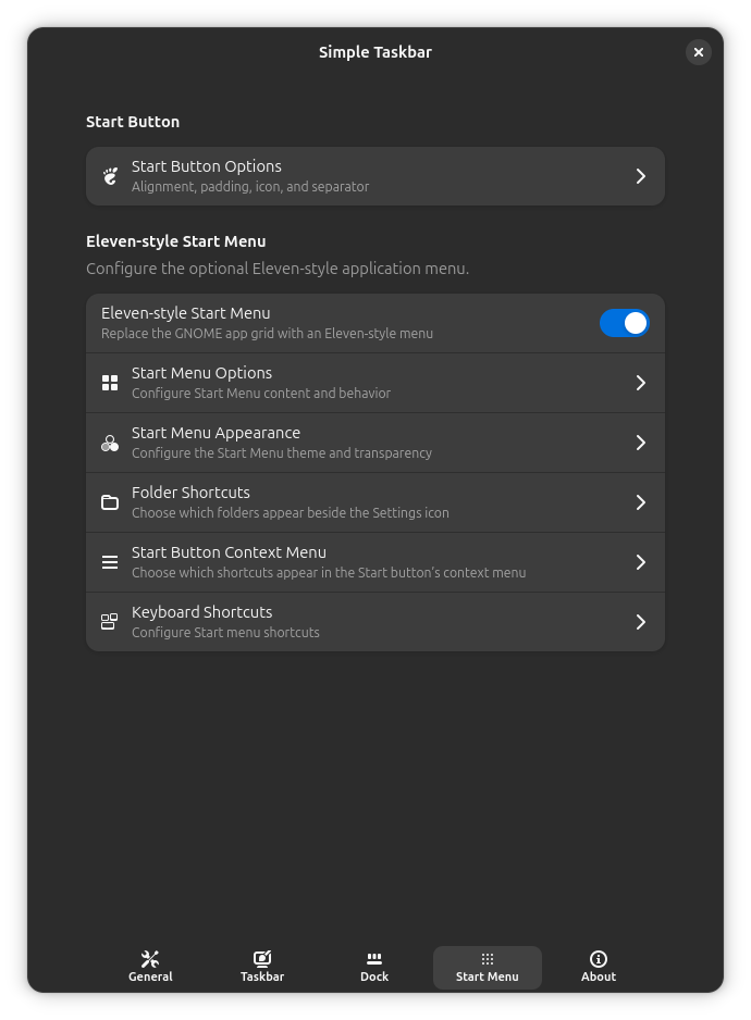 Start Menu settings with button, menu, folder and shortcut options