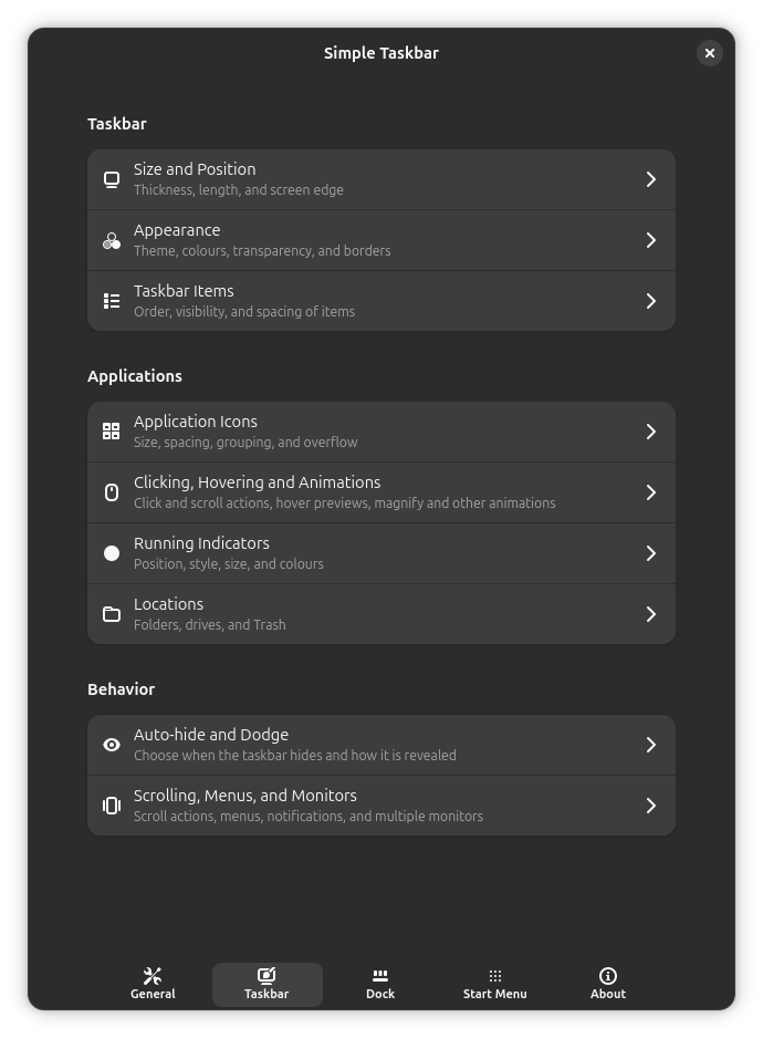 Taskbar settings categories for appearance, applications and behavior