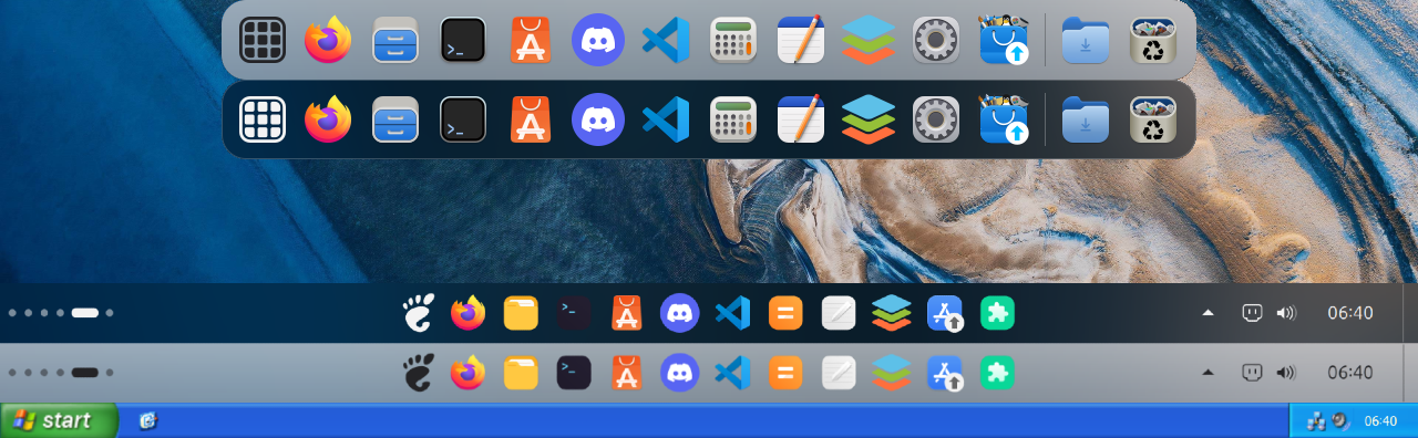 Simple Taskbar showing dark and light panel, Windows XP taskbar and dock styles