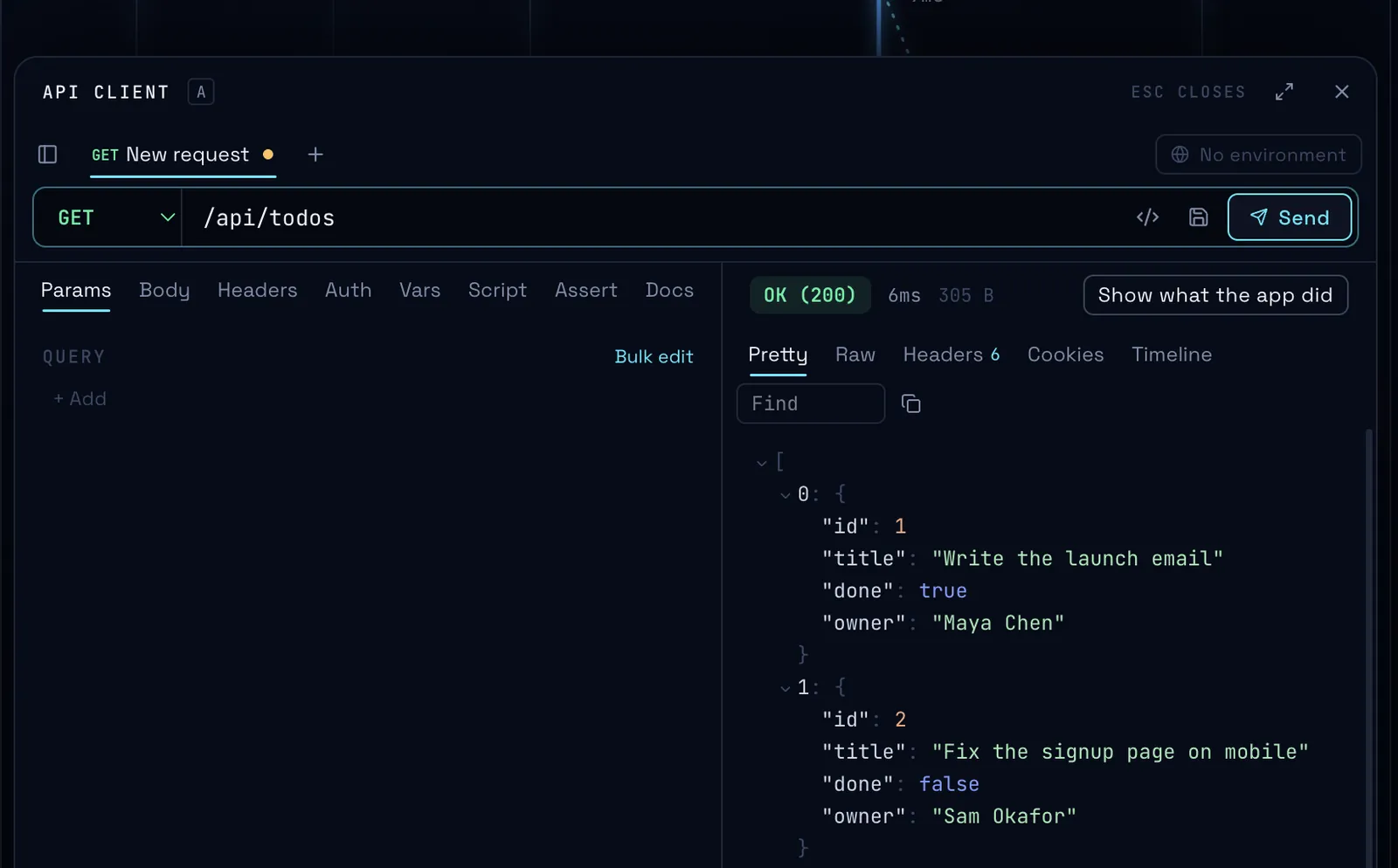 API client sending GET /api/todos with the JSON response